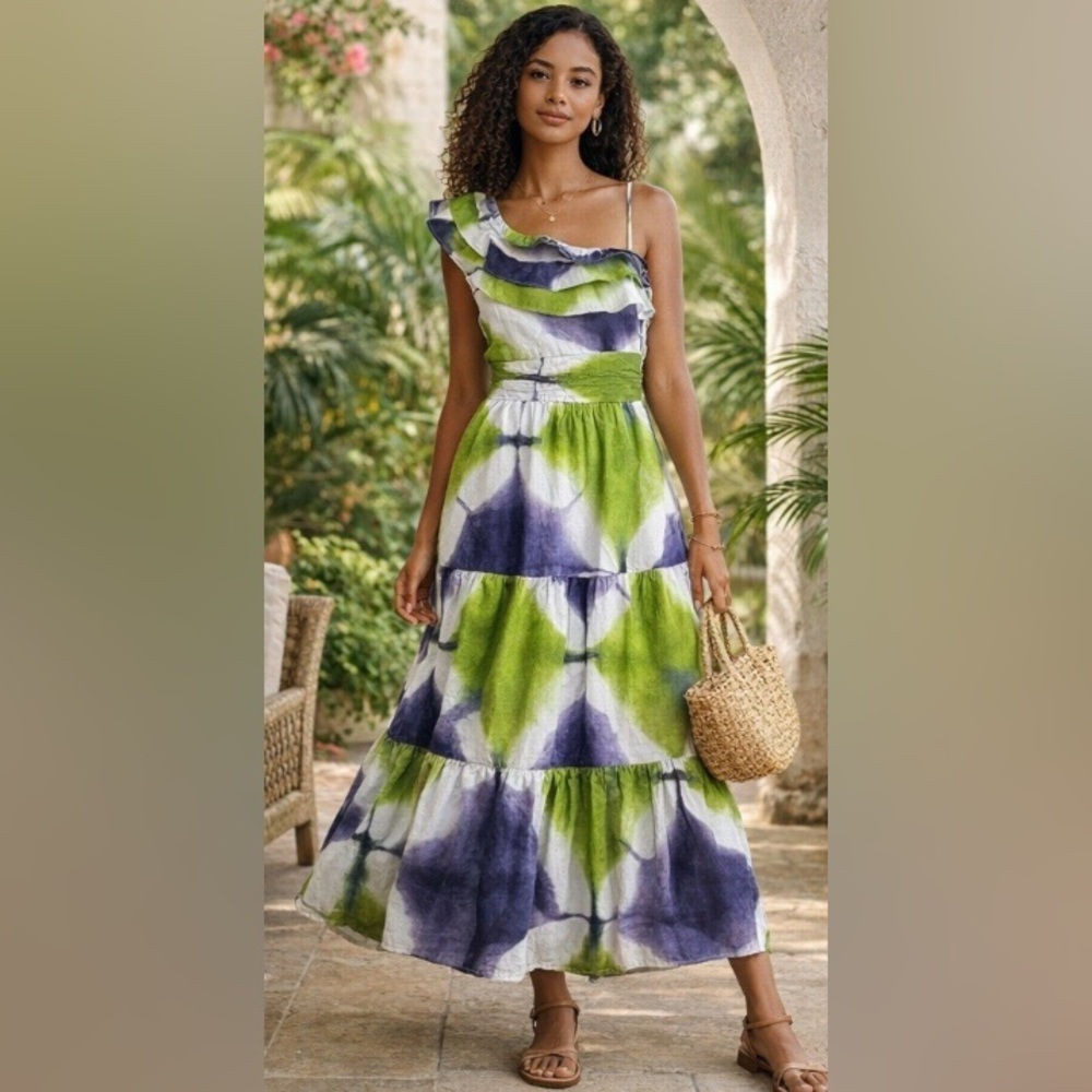 Busayo Collective Ruffle maxi dress patterned in Green and Blue tie-dye. Size 6 - Picture 7 of 10